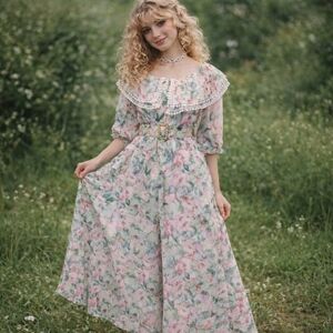 Vintage Floral Prairie Maxi Dress Lace Collar Cottagecore Romantic
